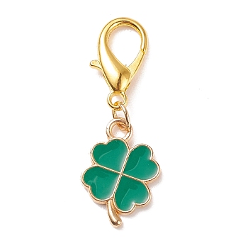 Alloy Enamel Clover Pendant Decorations, Lobster Clasp Charms, Clip-on Charms, for Keychain, Purse, Backpack Ornament, Teal, 35mm
