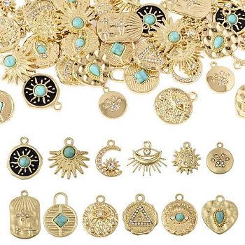 Pandahall 48Pcs 12 Style Alloy Pendants, with Synthetic Turquoise, Light Gold, 16~24.5x13.5~15x2~2.5mm, Hole: 1.4~2.2mm, 4pcs/style
