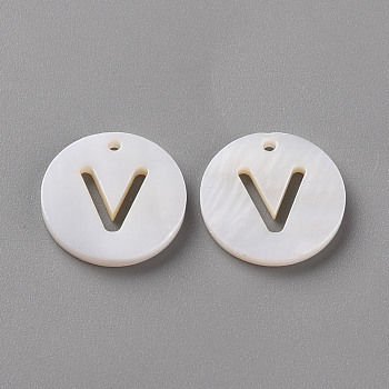Natural Freshwater Shell Pendants, Flat Round with Letter, Letter.V, 12x1.5mm, Hole: 1mm