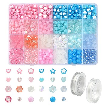 Acrylic Beads, Mix Shapes, with 2Roll Elastic Thread, Mixed Color, 7~11.5x8~10.5x3~6mm, Hole: 1.5~2.5mm