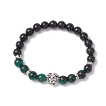 8mm Round Dyed Natural Tiger Eye & Black Onyx Beaded Stretch Bracelets, Lion Alloy Link Bracelets for Women Men, Green, Inner Diameter: 2-1/8 inch(5.5cm)