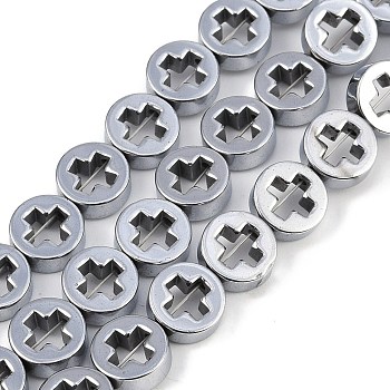 Electroplated Synthetic Non-magnetic Hematite Beads Strands, Flat Round with Hollow Cross, Silver Plated, 8x3mm, Hole: 0.9mm, about 50pcs/strand, 15.94''(40.5cm)