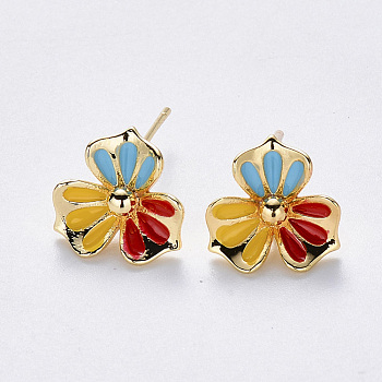 Brass Enamel Stud Earring Findings, with Stainless Steel Pins and Loop, Nickel Free, Flower, Colorful, Real 18K Gold Plated, 12x12mm, Hole: 1mm, Pin: 0.8mm