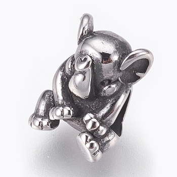 316 Surgical Stainless Steel European Beads, Large Hole Beads, Elephant, Antique Silver, 12x9x8mm, Hole: 4mm
