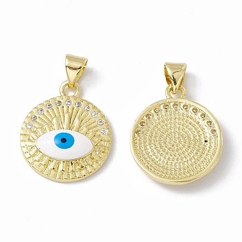 Rack Plating Brass Micro Pave Clear Cubic Zirconia Pendants, with Enamel, Long-Lasting Plated, Cadmium Free & Lead Free, Flat Round with Evil Eye, Real 18K Gold Plated, 20x16.5x4mm, Hole: 4x3mm