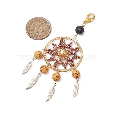 Woven Web/Net with Feather Glass Seed Beads Pendant Decorations(HJEW-MZ00074)-5