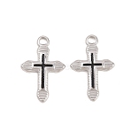 304 Stainless Steel Enamel Pendants, Cross Charm, Stainless Steel Color, Black, 20.5x13x1.5mm, Hole: 2mm(STAS-K293-32P-02)