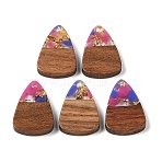 Resin & Wood Pendants, with Gold Foil, Triangle Charm, Hot Pink, 23x15x3mm, Hole: 2mm(WOOD-S061-02B)