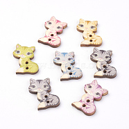 2-Hole Printed Wooden Buttons, Cat, Mixed Color, 27x17x2mm, Hole: 1.5mm(WOOD-S037-030)