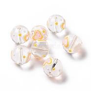 Transparent Glass Beads, with Enamel, Round, Gold, Heart Pattern, 11.5~12x11mm, Hole: 1.5~1.6mm(LAMP-B021-03A-07)