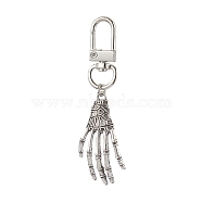 Halloween Themed Alloy Skeleton Hand Pendant Decorations, Swivel Lobster Claw Clasps Charms for Bag Ornaments, Antique Silver & Platinum, 75mm(HJEW-JM02147)