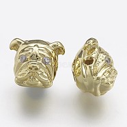 Brass Micro Pave Cubic Zirconia Puppy Beads, Bulldog Head, Golden, 11.5x13.5x11mm, Hole: 1.5mm(ZIRC-F041-19G)