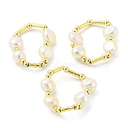 Brass & Natural Pearl Beaded Stretch Finger Ring, Real 14K Gold Plated, US Size 7 1/4(17.5mm)(RJEW-H220-44G)