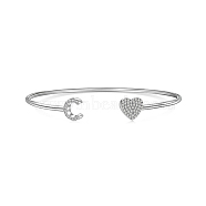 Heart & Letter Rhodium Plated 925 Sterling Silver Micro Pave Cubic Zirconia Cuff Bangles for Women, Letter C, 0.2~0.8cm, Inner Diameter: 1-7/8x2-1/4 inch(4.85x5.65cm) (BJEW-C062-01C-P)