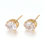 Brass Stud Earrings, with 316 Surgical Stainless Steel Pin and Clear Cubic Zirconia, Teardrop, Long-Lasting Plated, Real 18K Gold Plated, 8x6x5mm, Pin: 0.7mm(EJEW-L245-004G)