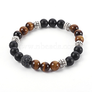 Natural Tiger Eye and Natural Black Agate(Dyed) Beads Stretch Bracelets, with Brass Cubic Zirconia Beads and Alloy Beads, 2-3/8 inch(6cm)(BJEW-JB04005-01)