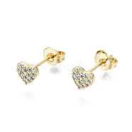 Brass Micro Pave Clear Cubic Zirconia Stud Earrings, with Ear Nuts, Nickel Free, Heart, Real 16K Gold Plated, 5.5x6mm, Pin: 0.8mm(EJEW-T046-26G-NF)