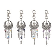 Tibetan Style Alloy Flat Round with Feather Pendants Decorations, with Gemstone Chips and Alloy Swivel Lobster Claw Clasps, Hamsa Hand/Hand of Miriam, 152mm(HJEW-JM01054)