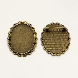 Vintage Alloy Brooch Cabochon Bezel Settings, with Iron Pin Brooch Back Bar Findings, Oval, Cadmium Free & Nickel Free & Lead Free, Antique Bronze, Tray: 40x30mm, 48x38x2.5mm, Pin: 0.6mm(PALLOY-N0085-29AB-NF)