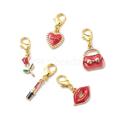 Valentine's Day Theme Alloy Enamel Pendant Decoration, Clip-on Charms, with Zinc Alloy Lobster Claw Clasps, Rose/LIpstick/Heart/Bag/Lip, Mixed Color, 28~35mm(X1-HJEW-JM00755)