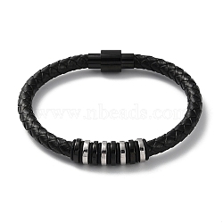 Leather Braided Round Cord Bracelet, with 304 Stainless Steel Magnetic Clasps & Beads for Men Women, Electrophoresis Black & Stainless Steel Color, 8-1/2 inch(21.5cm)(BJEW-F460-06EBP)