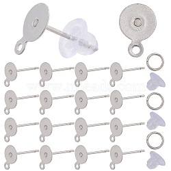 SUNNYCLUE 200Pcs 304 Stainless Steel Stud Earring Findings, Flat Pad Earring Settings with Horizontal Loop & 200 Open Jump Rings, with 200Pcs Plastic Ear Nuts, Stainless Steel Color, 12x6x8.5mm, Pin: 0.63mm(STAS-SC0006-64)