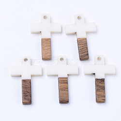 Resin & Walnut Wood Pendants, Cross, Creamy White, 26x16x3mm, Hole: 1.8mm(RESI-N025-012A-B05)