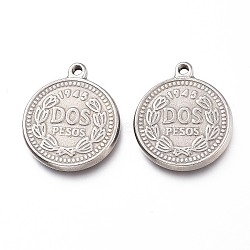 201 Stainless Steel Coin Pendants, Flat Round with Dos Pesos, Stainless Steel Color, 21.5x18.5x2.5mm, Hole: 1.6mm(STAS-Z019-13P)