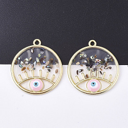 Epoxy Resin Pendants, with Shell, Alloy Findings and Enamel, Flat Round with Eye, Golden, Pink, 39x34x4mm, Hole: 2.5mm(X-RESI-S365-76E)