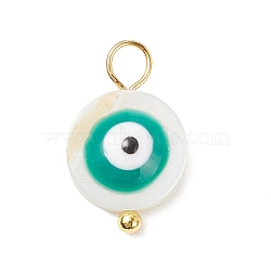 Natural Freshwater Shell Charms, with Golden Tone Alloy Loops, Flat Round with Evil Eye, Dark Cyan, 14x9x3.5mm, Hole: 2.5mm(PALLOY-JF01873-03)