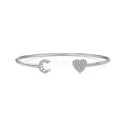 Anti-Tarnish Heart & Letter Rhodium Plated 925 Sterling Silver Micro Pave Cubic Zirconia Cuff Bangles for Women, Letter C, 0.2~0.8cm, Inner Diameter: 1-7/8x2-1/4 inch(4.85x5.65cm)(BJEW-C062-01C-P)