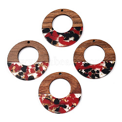 Transparent Resin & Walnut Wood Pendants, with Gold Foil, Donut Charms, FireBrick, 38x3mm, Hole: 2mm(RESI-TAC0017-74-A06)
