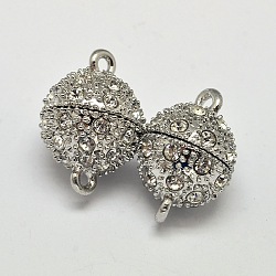 Oval Brass Rhinestone Magnetic Clasps with Loops, Platinum, 14x8.5mm, Hole: 1.2mm(KK-D507-B-11P)