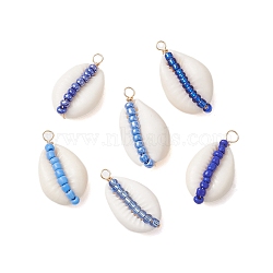 6Pcs 6 Styles Natural Cowrie Shell & Glass Seed Beads Pendants, Shell Shaped Charms, Royal Blue, 29x16x10mm, Hole: 2mm, 1pc/style(PALLOY-JF02759-07)