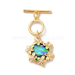 Brass Pave Clear Cubic Zirconia Toggle Clasps, with Natural Paua Shell, Flower, Real 18K Gold Plated, Pendant: 20x17.5x3.5mm, Hole: 1.2mm, Bar: 18x3.4x1.6mm, Hole: 0.9mm, Ring: 12x10x1.4mm, Hole: 1mm(KK-M243-09G-02)