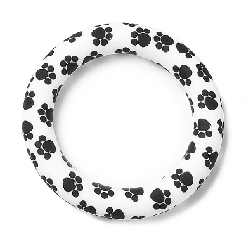Food Grade Eco-Friendly Silicone Pendants, Ring with Bear Paw Pattern, White, 65x10mm, Hole: 4mm
