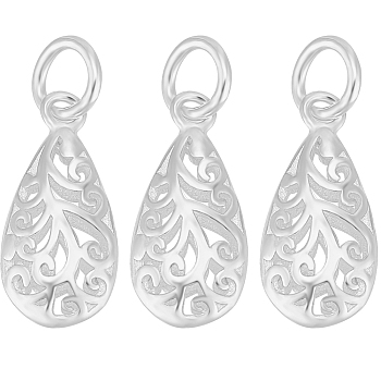 4Pcs 925 Sterling Silver Pendants, with Jump Ring, Hollow Teardrop Charms, Silver, 17x8x4mm, Hole: 4mm