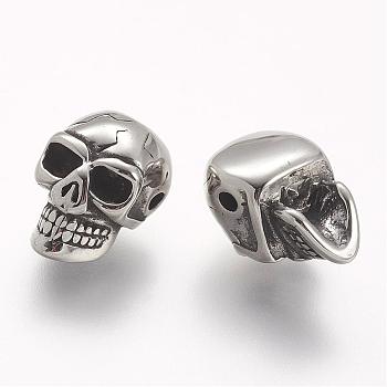 304 Stainless Steel Beads, Skull, Antique Silver, 14x9x9mm, Hole: 1.5mm