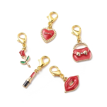 Valentine's Day Theme Alloy Enamel Pendant Decoration, Clip-on Charms, with Zinc Alloy Lobster Claw Clasps, Rose/LIpstick/Heart/Bag/Lip, Mixed Color, 28~35mm