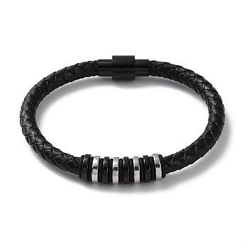 Leather Braided Round Cord Bracelet, with 304 Stainless Steel Magnetic Clasps & Beads for Men Women, Electrophoresis Black & Stainless Steel Color, 8-1/2 inch(21.5cm)