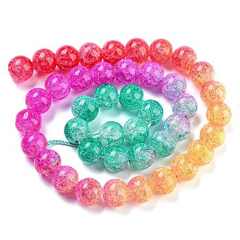 Spray Painted Crackle Glass Beads Strands, Gradient Color, Segmented Multi-color Beads, Round, Orange, 10mm, Hole: 1mm, about 38pcs/strand, 15.28 inch(38.8cm)