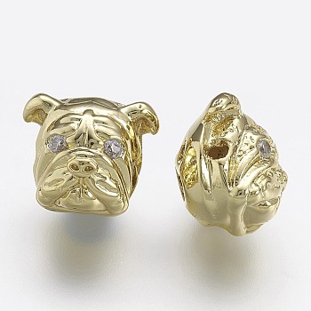 Brass Micro Pave Cubic Zirconia Puppy Beads, Bulldog Head, Golden, 11.5x13.5x11mm, Hole: 1.5mm