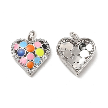 Brass Micro Pave Clear Cubic Zirconia Pendants, with Jump Ring & Enamel, Heart Charm, Platinum, 17.5x16x3.5mm, Hole: 3.5mm
