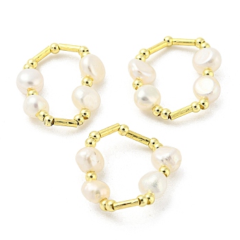 Brass & Natural Pearl Beaded Stretch Finger Ring, Real 14K Gold Plated, US Size 7 1/4(17.5mm)