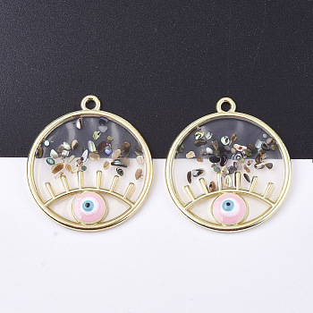 Epoxy Resin Pendants, with Shell, Alloy Findings and Enamel, Flat Round with Eye, Golden, Pink, 39x34x4mm, Hole: 2.5mm