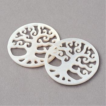 Sea Shell Pendants, Flat Round with Tree of Life, Filigree, Creamy White, 29.5x2mm