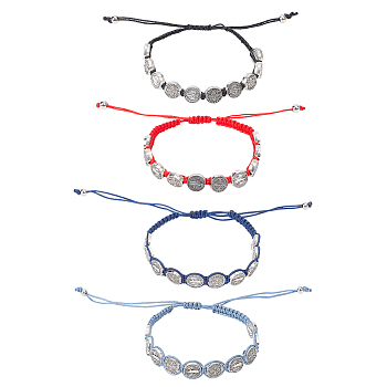 4Pcs 4 Style Saint Benedict Medal Alloy Braided Bead Bracelets Set, Polyester Cord Adjustable Bracelets, Mixed Color, Inner Diameter: 1-3/4~3-1/2 inch(4.3~8.9cm), 1Pc/style