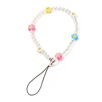Acrylic Mobile Phone Straps, with Handmade Polymer Clay Beads and Nylon Thread, Flower & Round, Colorful, 19.5cm