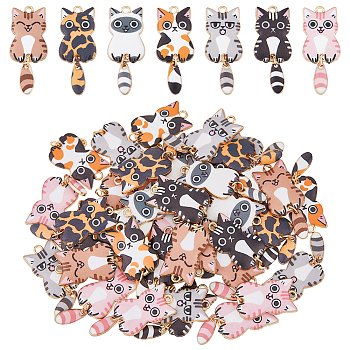 42Pcs 7 Style Light Gold Rack Plating Alloy Enamel Pendants, Cat Charm, Mixed Color, 38x15.7x3mm, Hole: 2mm, 6pcs/style