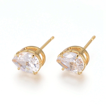 Brass Stud Earrings, with 316 Surgical Stainless Steel Pin and Clear Cubic Zirconia, Teardrop, Long-Lasting Plated, Real 18K Gold Plated, 8x6x5mm, Pin: 0.7mm